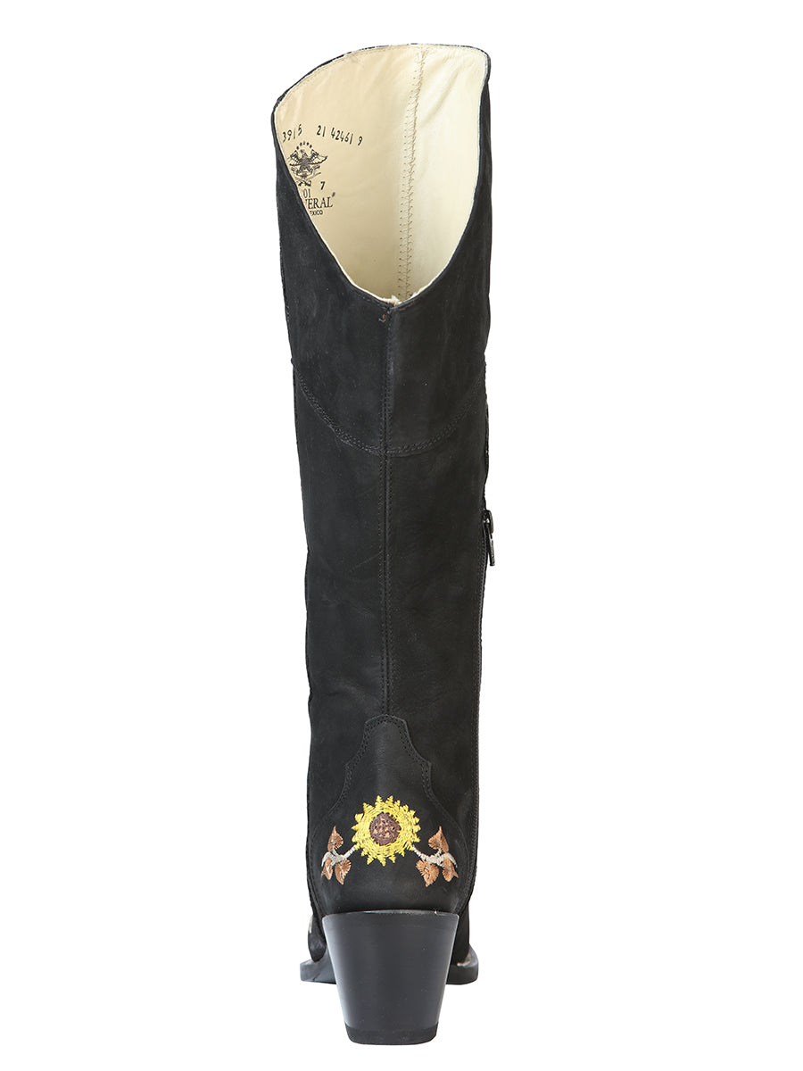 Botas Vaqueras Altas con Tubo Bordado de Girasoles de Piel Nobuck para Mujer 'El General' - ID: 43915 Botas Altas Piel Nobuck El General 