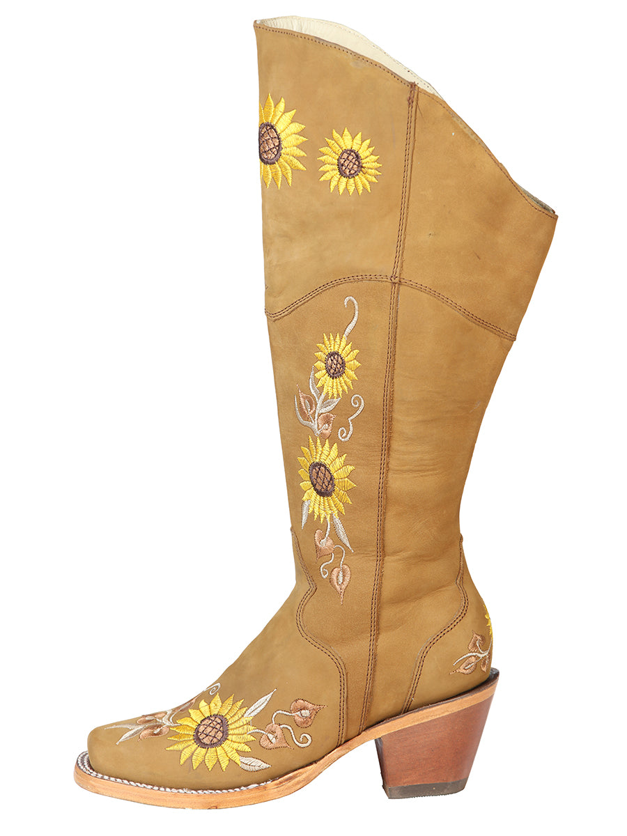 Botas Vaqueras Altas con Tubo Bordado de Girasoles de Piel Nobuck para Mujer 'El General' - ID: 43916 Botas Altas Piel Nobuck El General 