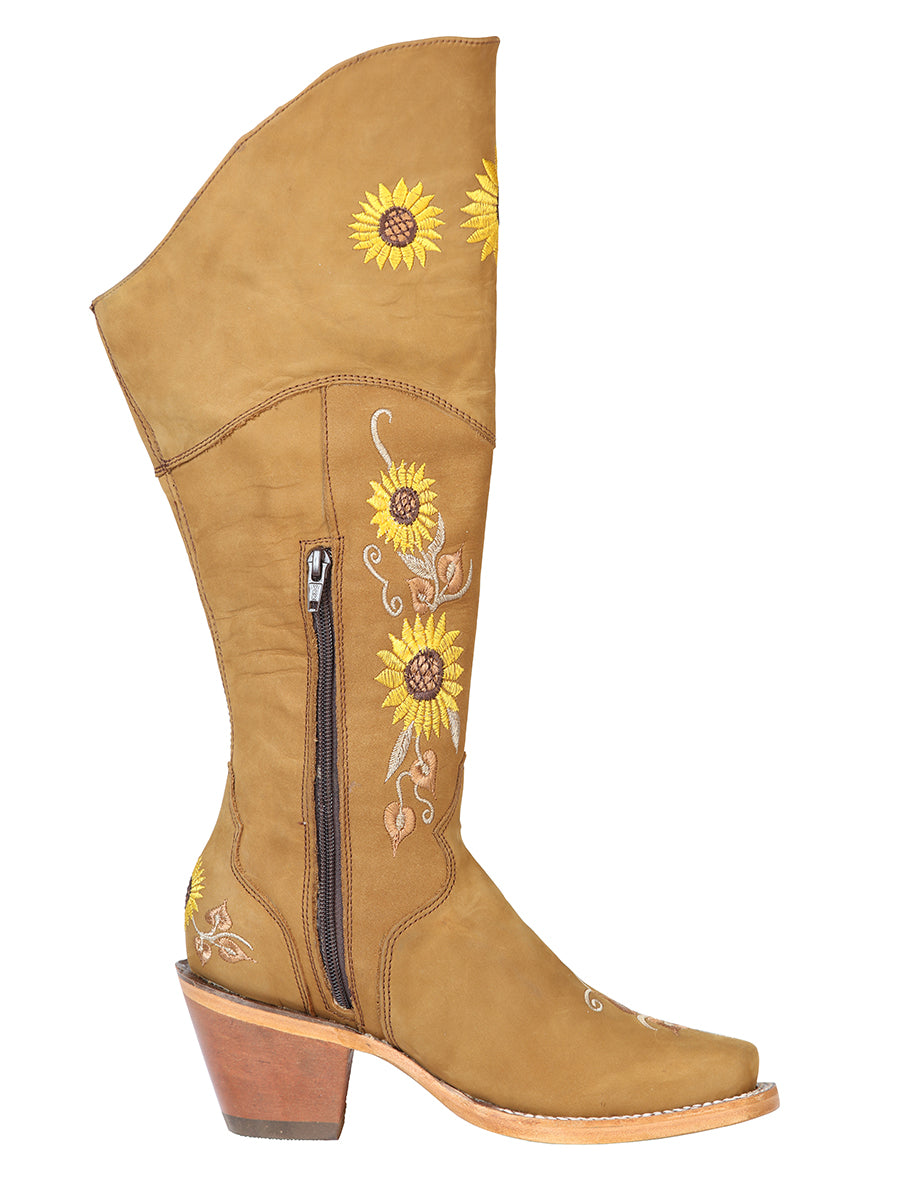 Botas Vaqueras Altas con Tubo Bordado de Girasoles de Piel Nobuck para Mujer 'El General' - ID: 43916 Botas Altas Piel Nobuck El General 