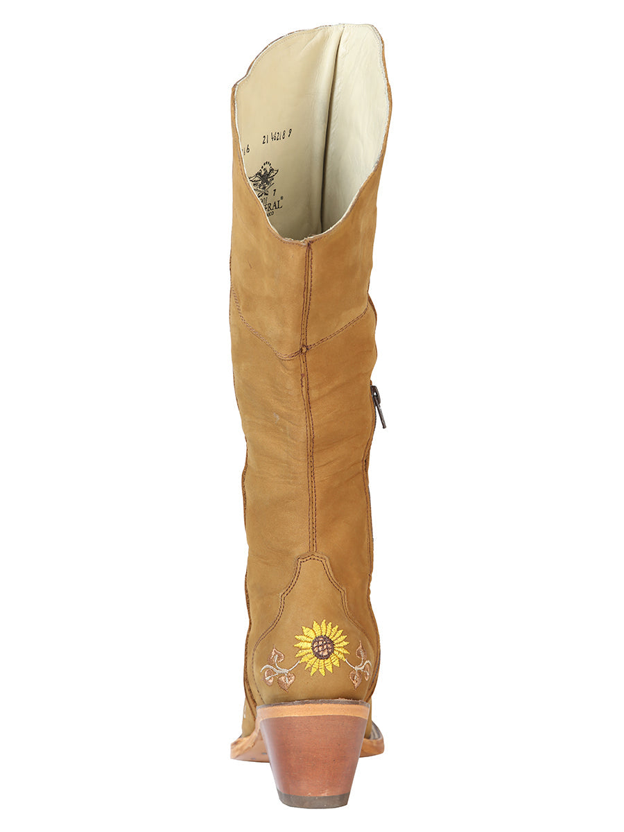 Botas Vaqueras Altas con Tubo Bordado de Girasoles de Piel Nobuck para Mujer 'El General' - ID: 43916 Botas Altas Piel Nobuck El General 