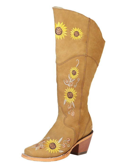 Botas Vaqueras Altas con Tubo Bordado de Girasoles de Piel Nobuck para Mujer 'El General' - ID: 43916 Botas Altas Piel Nobuck El General Miel