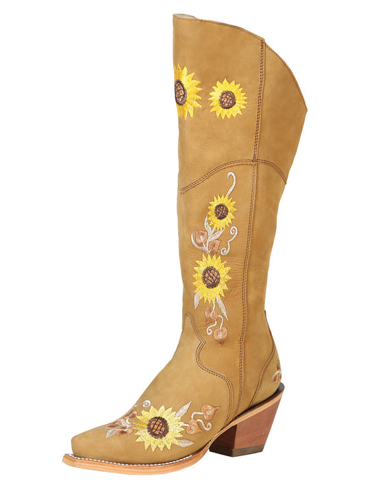 Botas Vaqueras Altas con Tubo Bordado de Girasoles de Piel Nobuck para Mujer 'El General' - ID: 43917 Botas Altas Piel Nobuck El General Miel