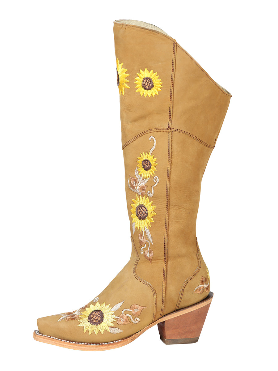 Botas Vaqueras Altas con Tubo Bordado de Girasoles de Piel Nobuck para Mujer 'El General' - ID: 43917 Botas Altas Piel Nobuck El General 