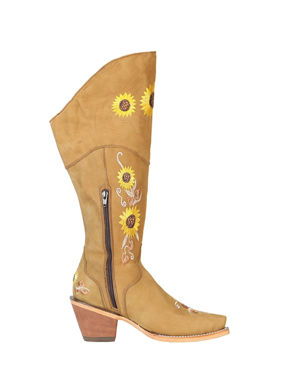 Botas Vaqueras Altas con Tubo Bordado de Girasoles de Piel Nobuck para Mujer 'El General' - ID: 43917 Botas Altas Piel Nobuck El General 