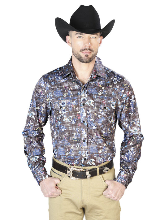 Camisa Vaquera Manga Larga de Broches Estampada Marino para Hombre 'El Señor de los Cielos' - ID: 43953 Camisas Estampadas El Señor de los Cielos