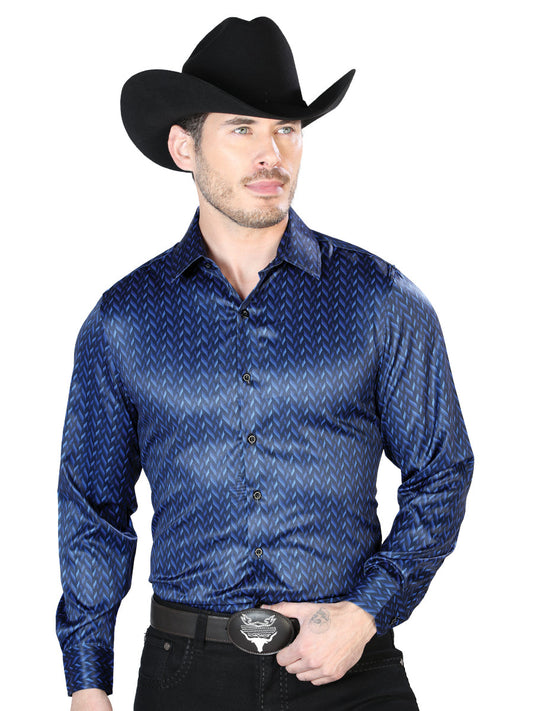 Camisa Vaquera Manga Larga Estampada Azul para Hombre 'El Señor de los Cielos' - ID: 43967 Camisas Estampadas El Señor de los Cielos 