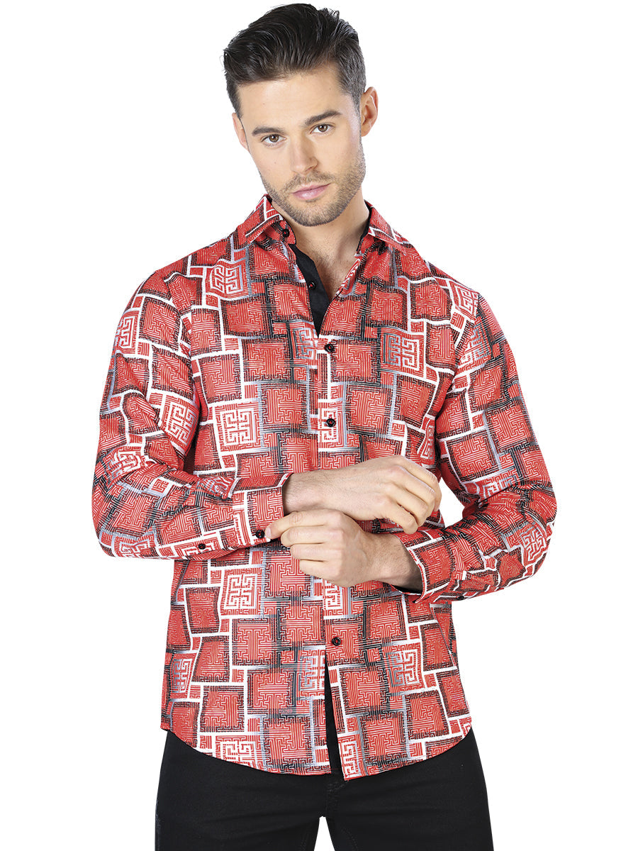 Camisa Casual Manga Larga Estampada Rojo para Hombre 'El Señor de los Cielos' - ID: 44005 Camisas Estampadas El Señor de los Cielos Red