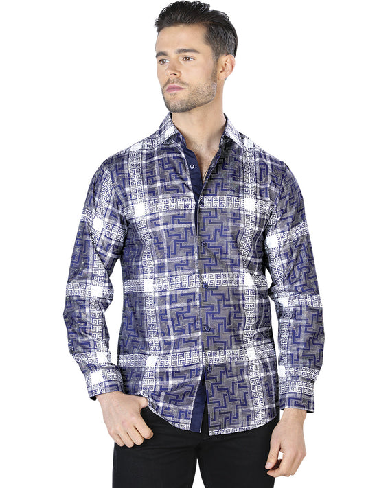 Camisa Casual Manga Larga Estampada Azul/Blanco para Hombre 'El Señor de los Cielos' - ID: 44007 Camisas Estampadas El Señor de los Cielos Blue/White