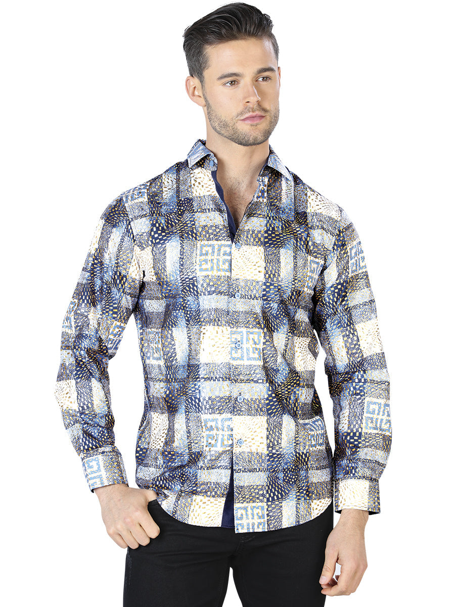 Camisa Casual Manga Larga Estampada Negro/Azul para Hombre 'El Señor de los Cielos' - ID: 44009 Camisas Estampadas El Señor de los Cielos Black/Blue