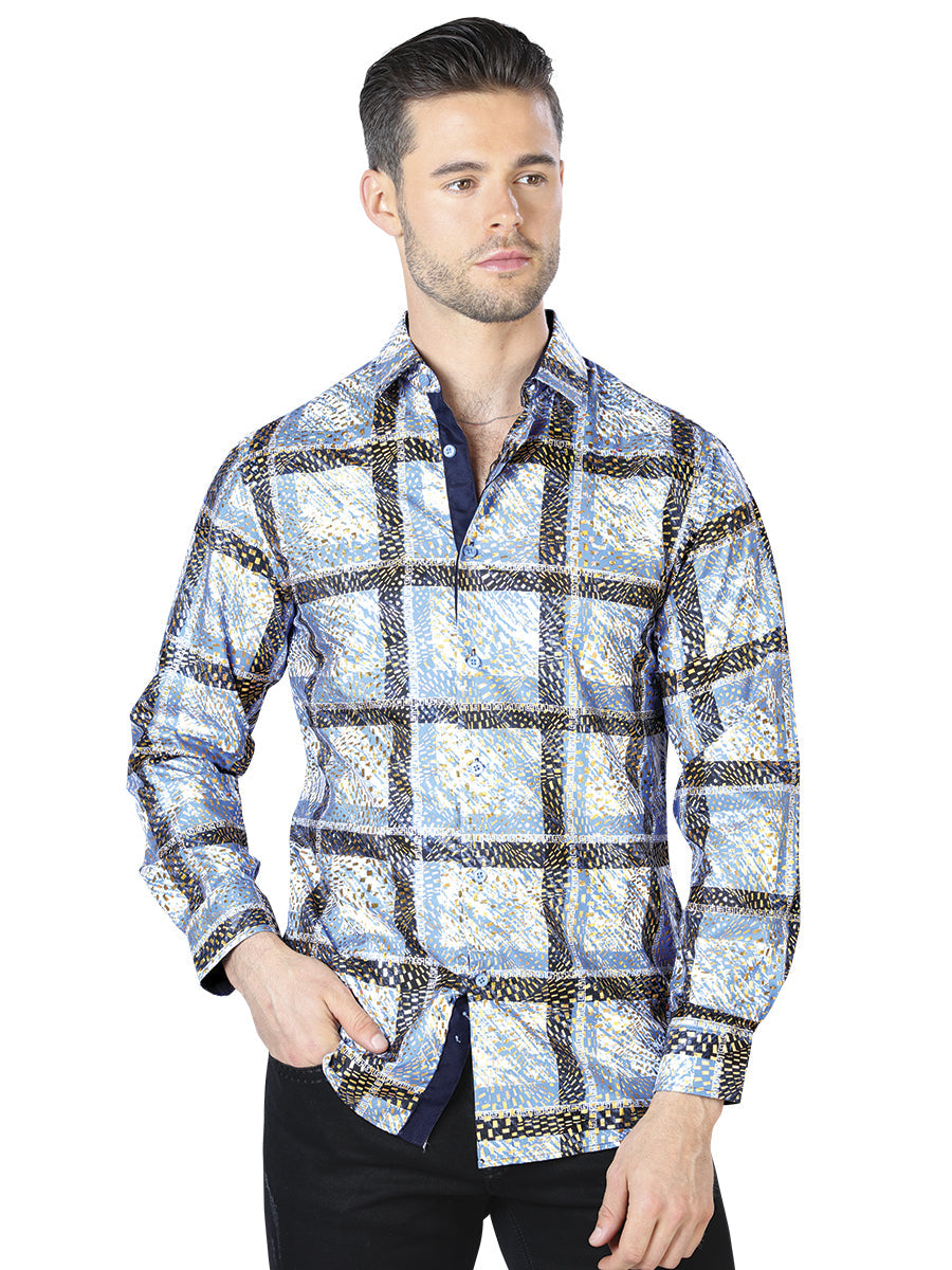 Camisa Casual Manga Larga Estampada Azul/Amarillo para Hombre 'El Señor de los Cielos' - ID: 44010 Camisas Estampadas El Señor de los Cielos Blue/Yellow