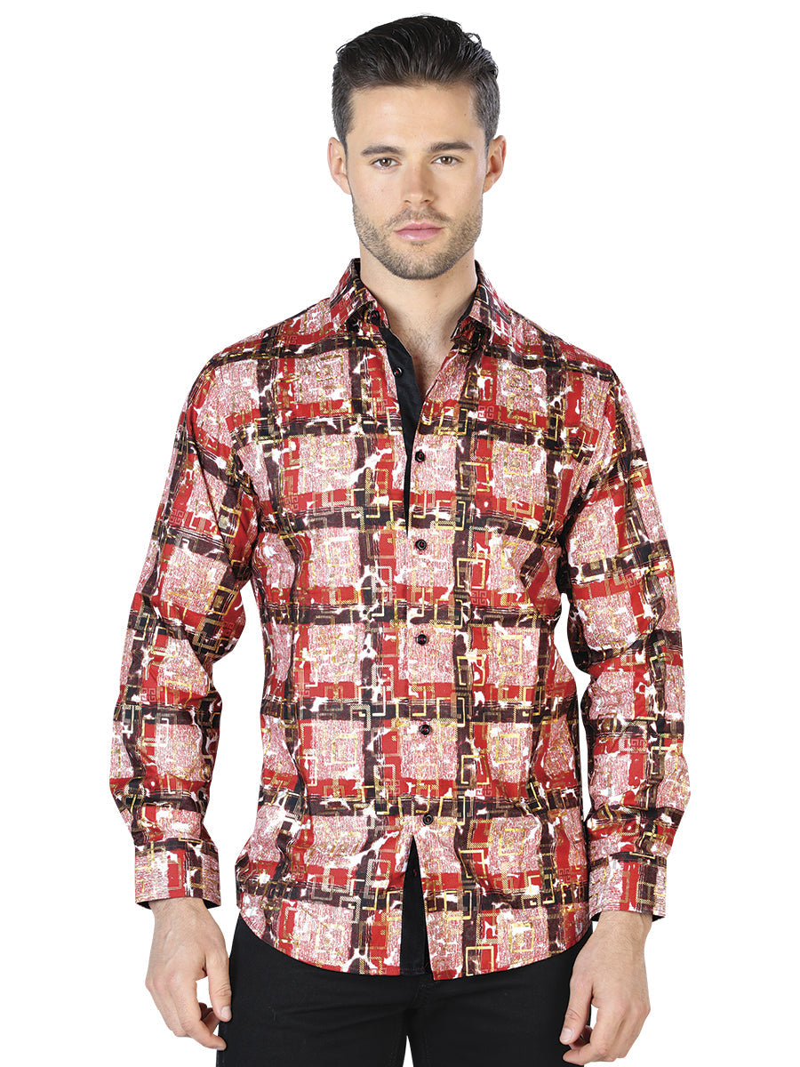 Camisa Casual Manga Larga Estampada Rojo/Oro para Hombre 'El Señor de los Cielos' - ID: 44011 Camisas Estampadas El Señor de los Cielos Red/Gold