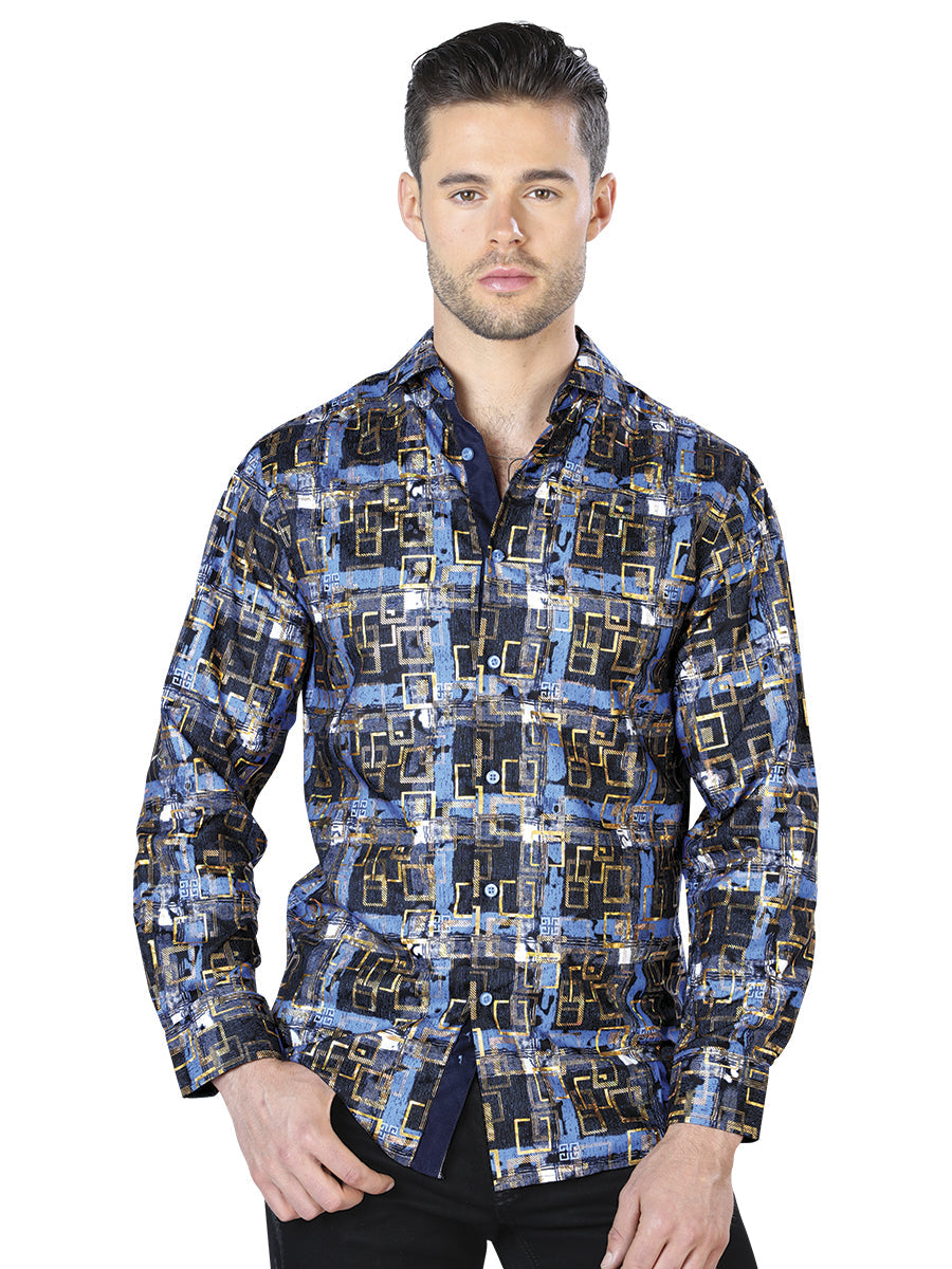 Camisa Casual Manga Larga Estampada Azul/Oro para Hombre 'El Señor de los Cielos' - ID: 44012 Casual Shirt El Señor de los Cielos Blue/Gold