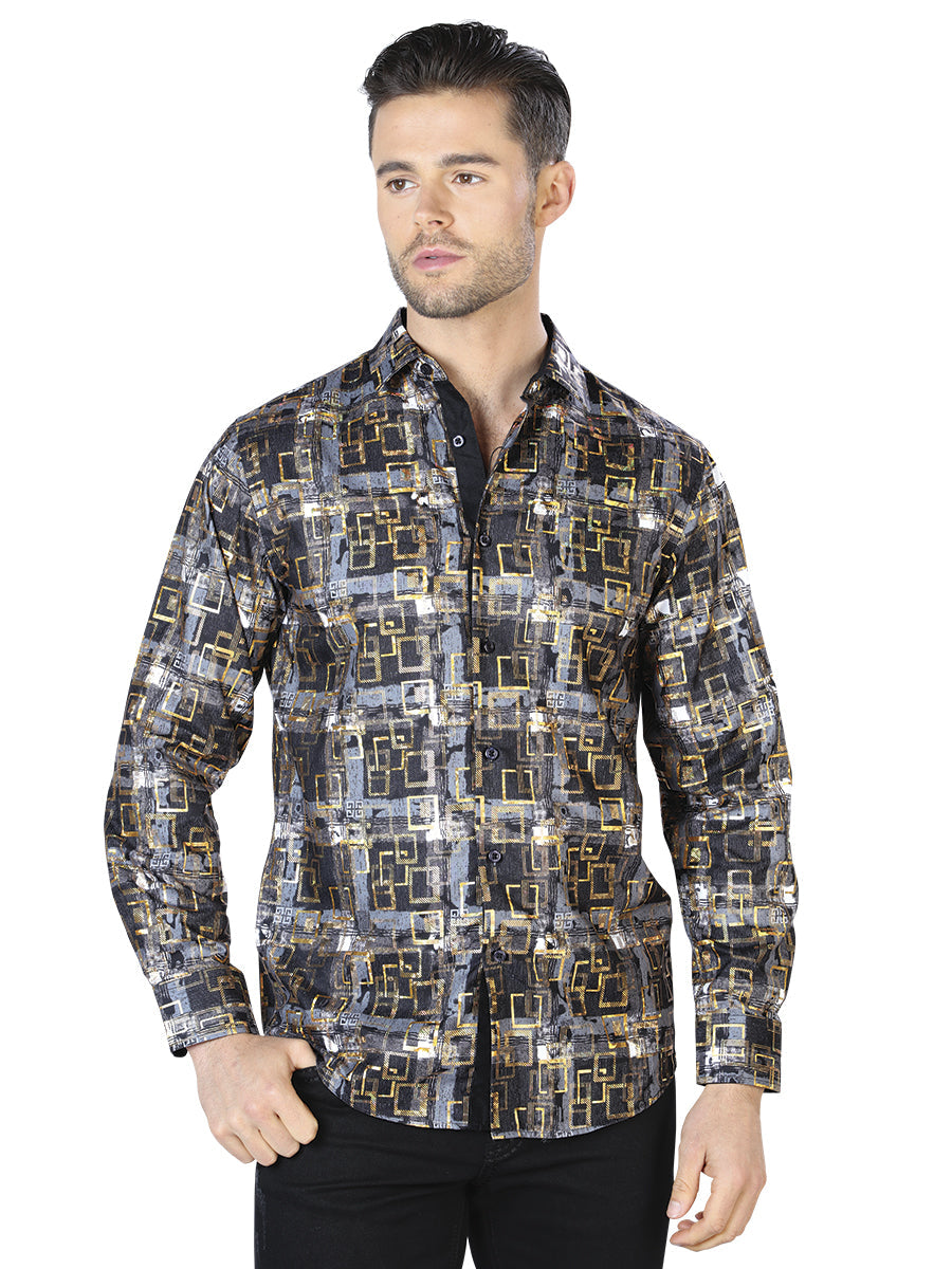 Camisa Casual Manga Larga Estampada Negro/Oro para Hombre 'El Señor de los Cielos' - ID: 44013 Camisas Estampadas El Señor de los Cielos Black/Gold