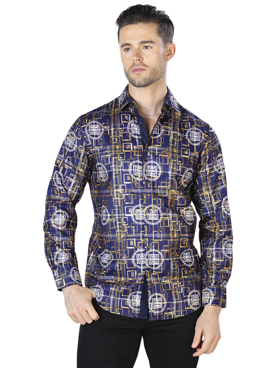 Camisa Casual Manga Larga Estampada Marino/Oro para Hombre 'El Señor de los Cielos' - ID: 44014 Camisas Estampadas El Señor de los Cielos Navy/Gold