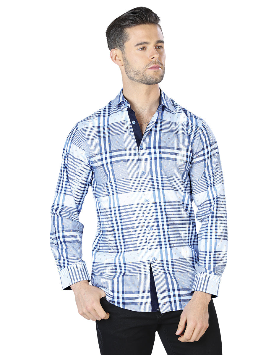 Camisa Casual Manga Larga Estampada Azul/Blanco para Hombre 'El Señor de los Cielos' - ID: 44016 Camisas Estampadas El Señor de los Cielos Blue/White