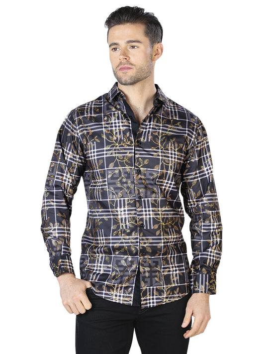 Camisa Casual Manga Larga Estampada Negro/Oro para Hombre 'El Señor de los Cielos' - ID: 44019 Camisas Estampadas El Señor de los Cielos Black/Gold