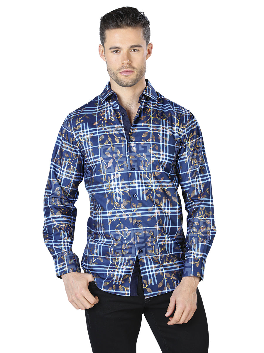 Camisa Casual Manga Larga Estampada Azul/Oro para Hombre 'El Señor de los Cielos' - ID: 44020 Camisas Estampadas El Señor de los Cielos Blue/Gold