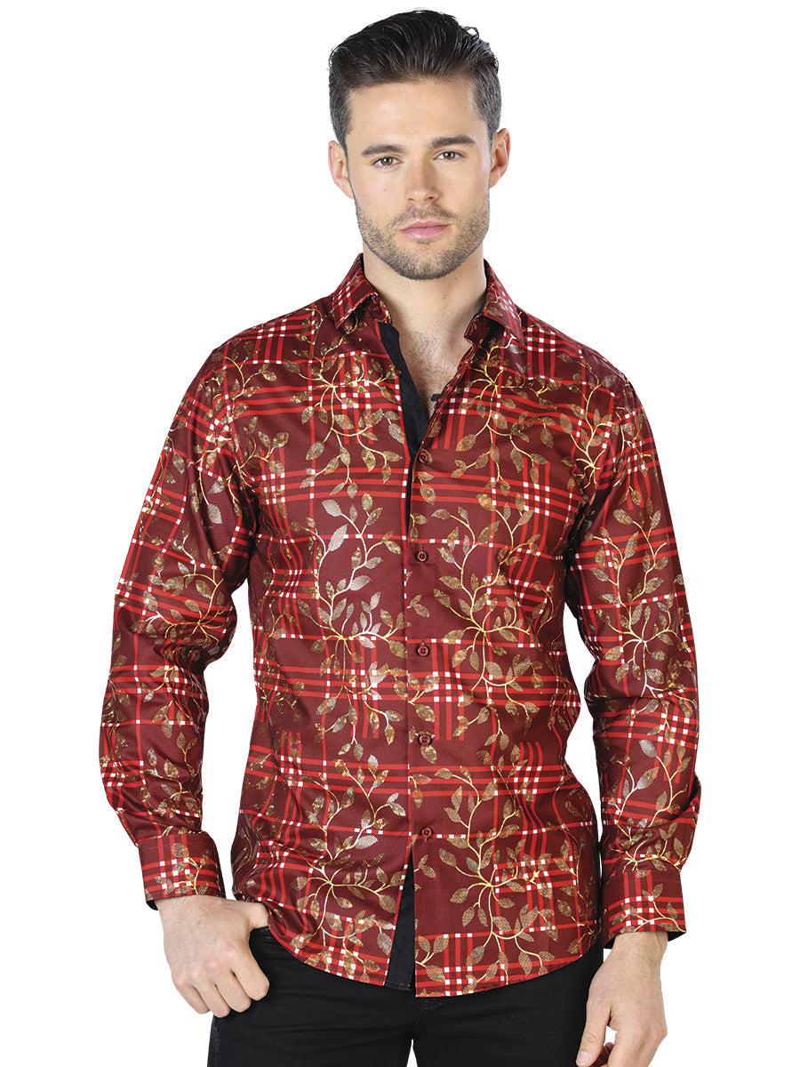 Camisa Casual Manga Larga Estampada Rojo/Oro para Hombre 'El Señor de los Cielos' - ID: 44021 Camisas Estampadas El Señor de los Cielos Red/Gold