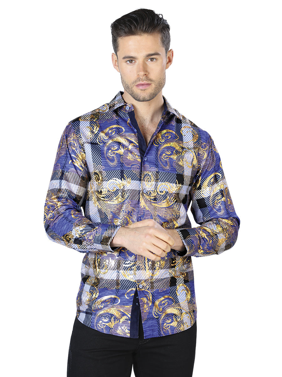 Camisa Casual Manga Larga Estampada Azul/Oro para Hombre 'El Señor de los Cielos' - ID: 44023 Camisas Estampadas El Señor de los Cielos Blue/Gold