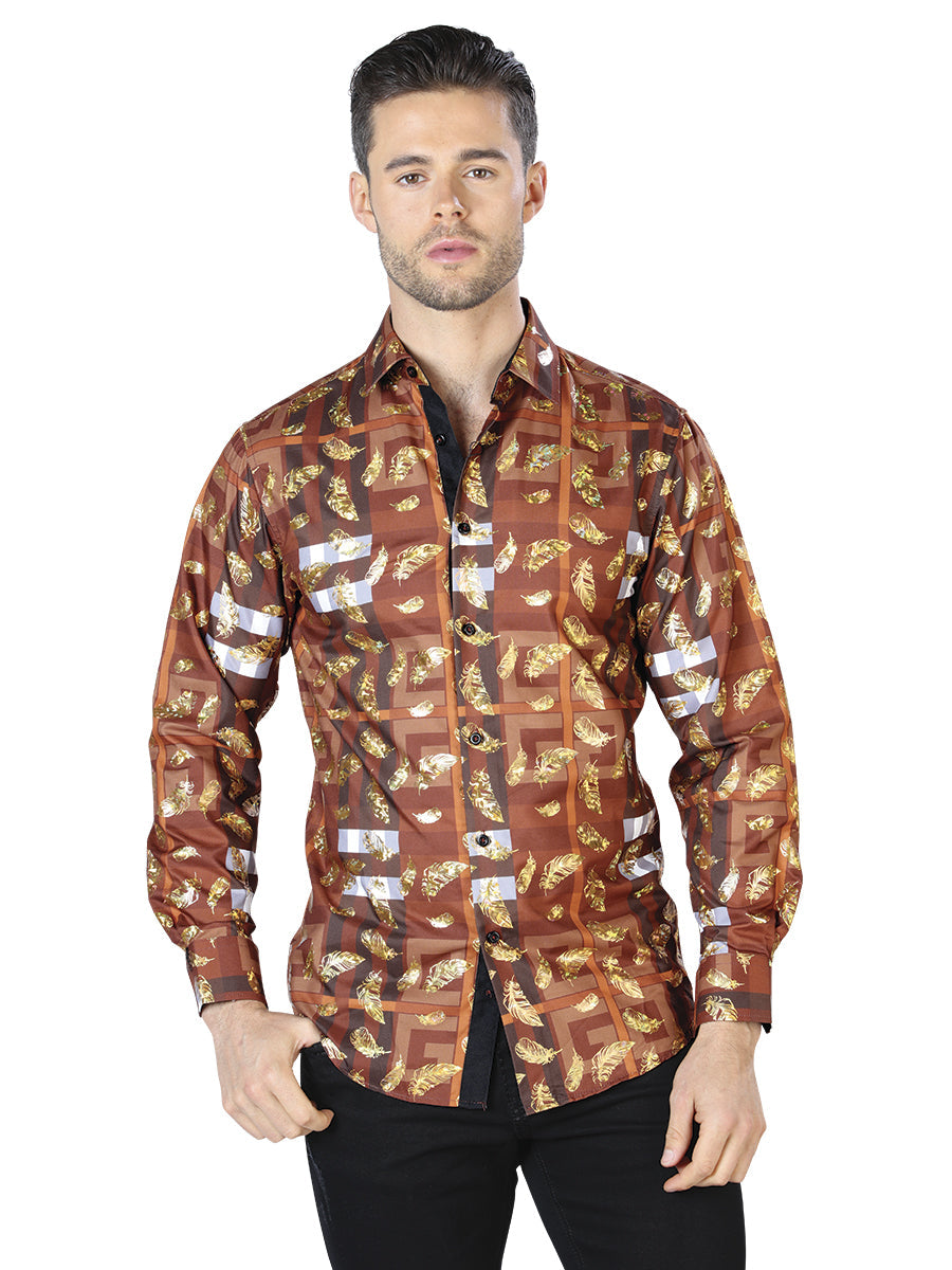 Camisa Casual Manga Larga Estampada Cafe/Oro para Hombre 'El Señor de los Cielos' - ID: 44024 Camisas Estampadas El Señor de los Cielos Brown/Gold