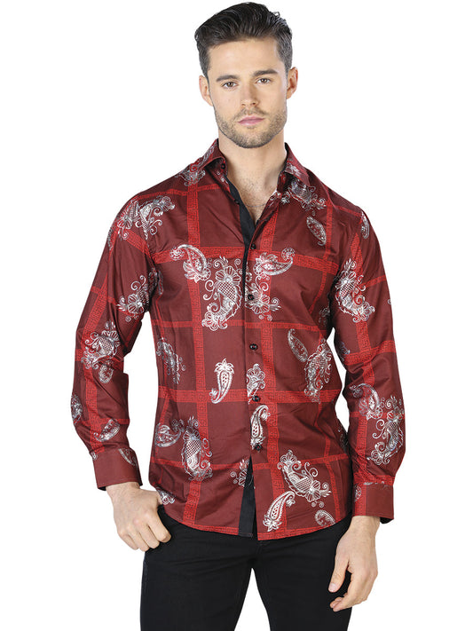 Camisa Casual Manga Larga Estampada Vino/Plata para Hombre 'El Señor de los Cielos' - ID: 44027 Camisas Estampadas El Señor de los Cielos Wine/Silver