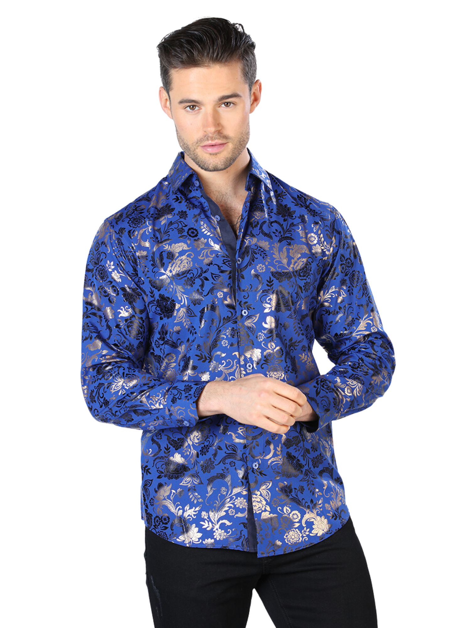 Camisa Casual Manga Larga Estampada Azul/Oro para Hombre 'El Señor de los Cielos' - ID: 44029 Camisas Estampadas El Señor de los Cielos Blue/Gold