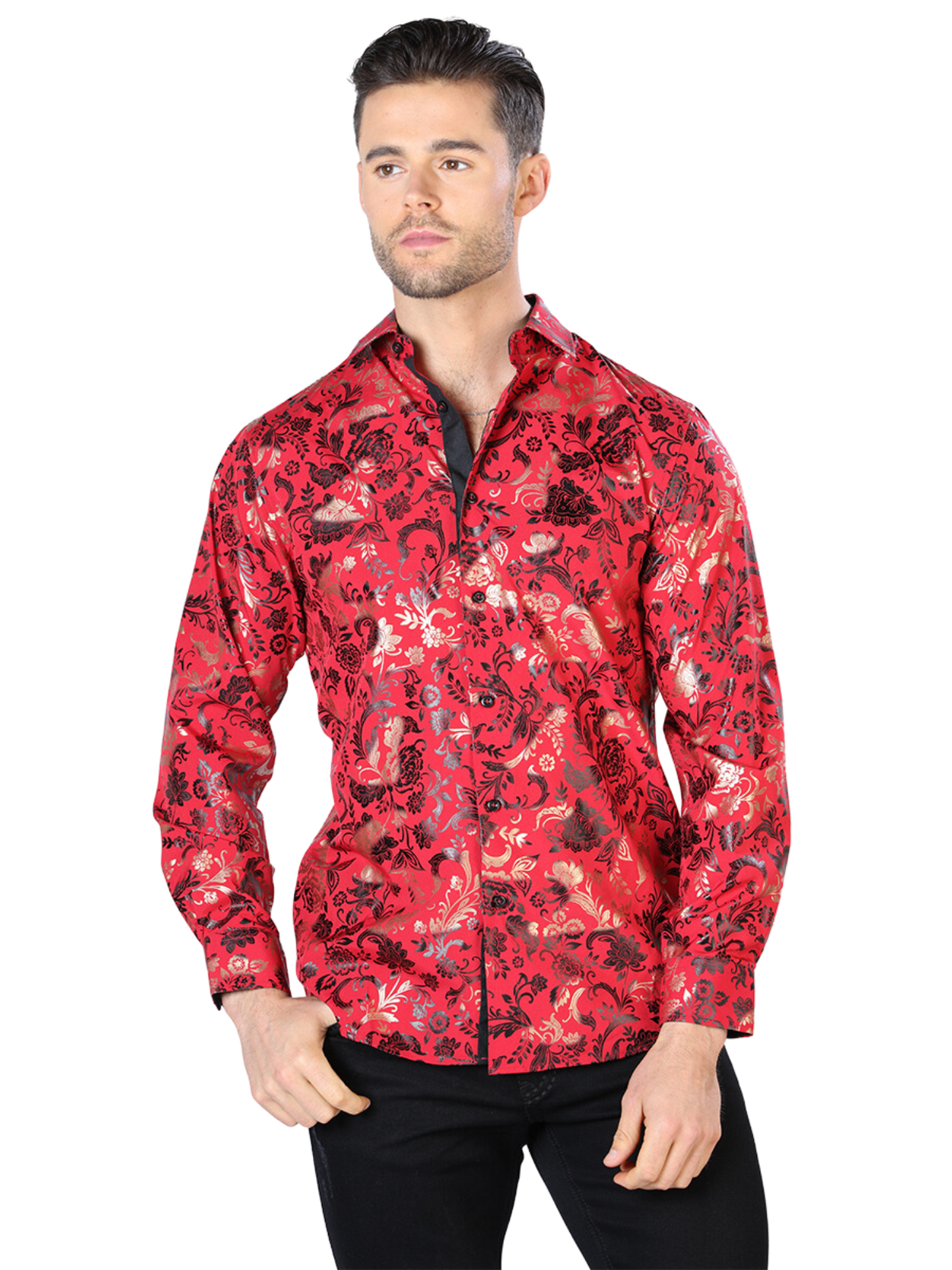 Camisa Casual Manga Larga Estampada Rojo/Oro para Hombre 'El Señor de los Cielos' - ID: 44031 Camisas Estampadas El Señor de los Cielos 