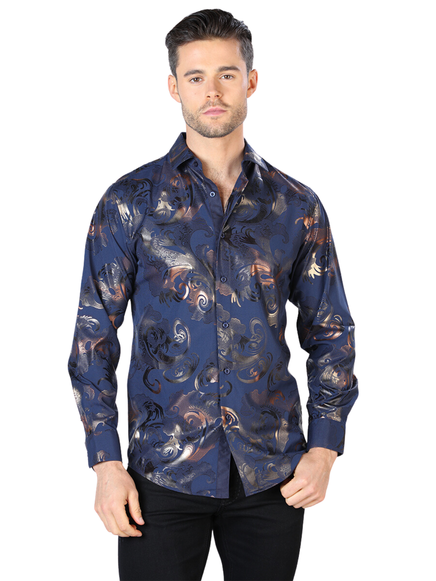 Camisa Casual Manga Larga Estampada Oro/Negro para Hombre 'El Señor de los Cielos' - ID: 44036 Camisas Estampadas El Señor de los Cielos Black/Gold