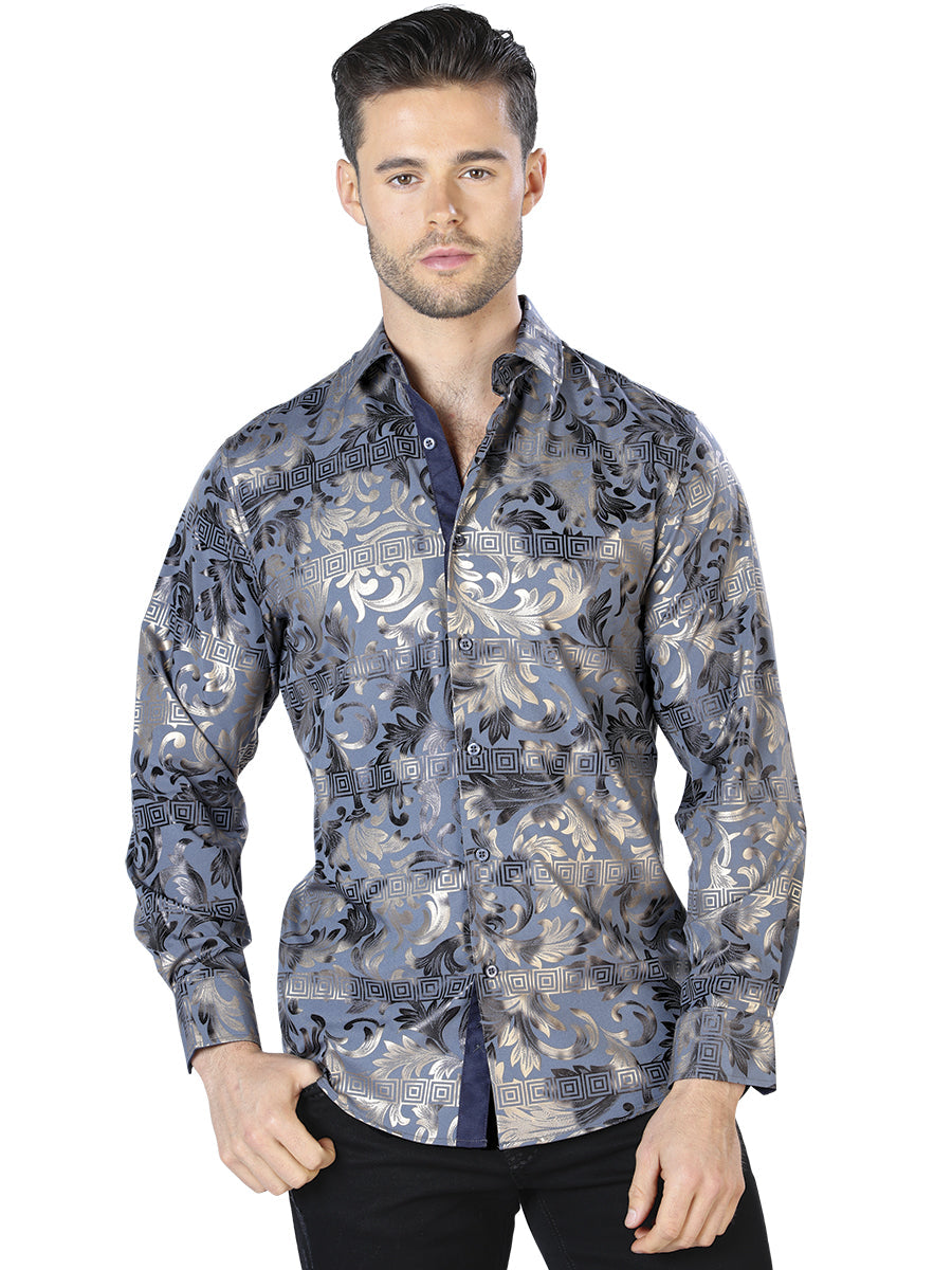 Camisa Casual Manga Larga Estampada Marino/Oro para Hombre 'El Señor de los Cielos' - ID: 44038 Camisas Estampadas El Señor de los Cielos Navy/Gold