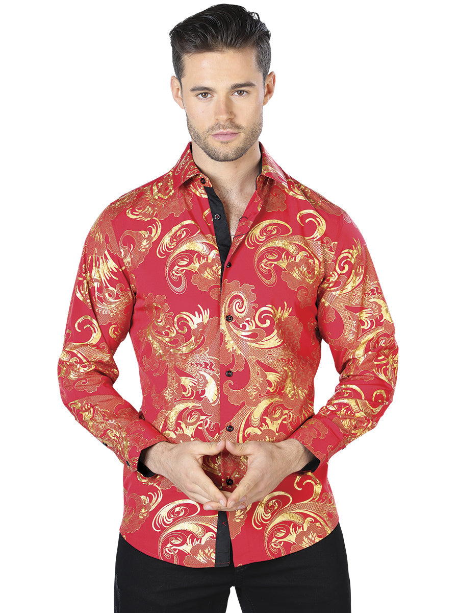 Camisa Casual Manga Larga Estampada Oro/Rojo para Hombre 'El Señor de los Cielos' - ID: 44040 Casual Shirt El Señor de los Cielos Red/Gold