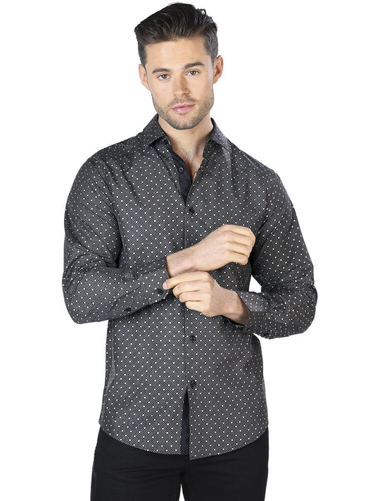 Camisa Casual Manga Larga Estampada Negro/Multicolor para Hombre 'El Señor de los Cielos' - ID: 44043 Camisas Estampadas El Señor de los Cielos Black/Multicolor