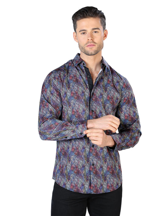 Camisa Casual Manga Larga Estampada Negro/Multicolor para Hombre 'El Señor de los Cielos' - ID: 44044 Camisas Estampadas El Señor de los Cielos Black/Multicolor