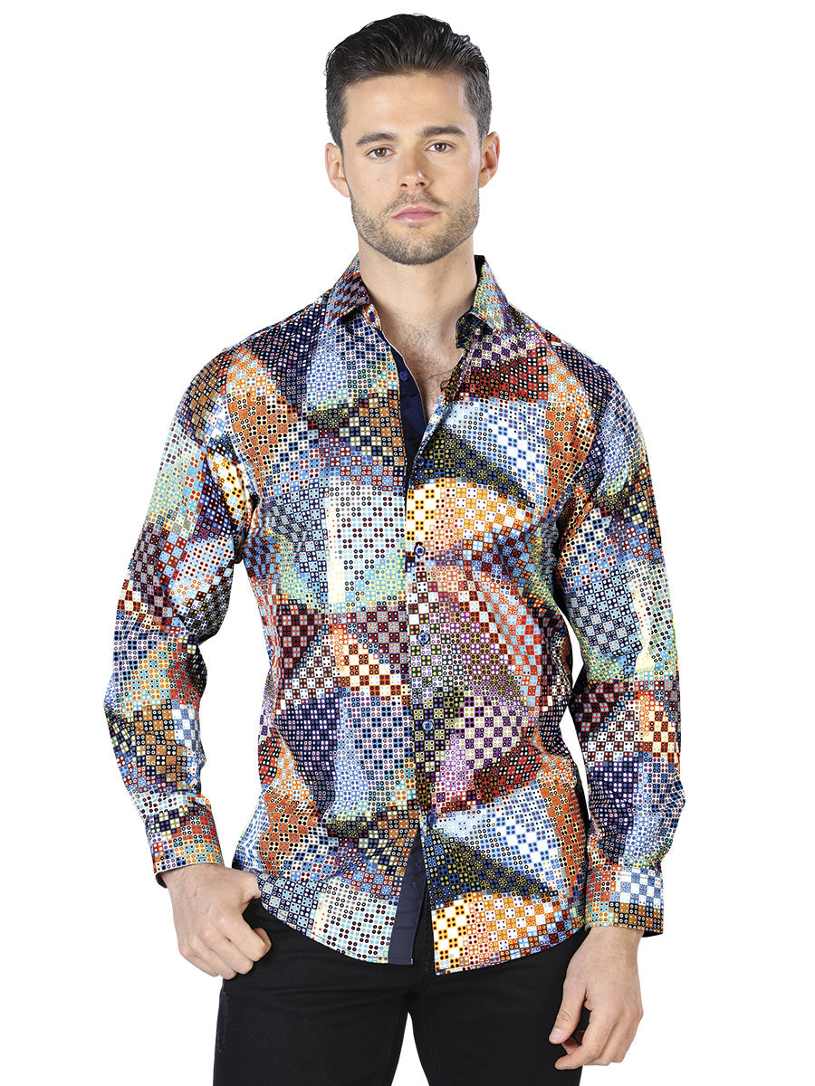 Camisa Casual Manga Larga Estampada Negro/Multicolor para Hombre 'El Señor de los Cielos' - ID: 44045 Camisas Estampadas El Señor de los Cielos Black/Multicolor