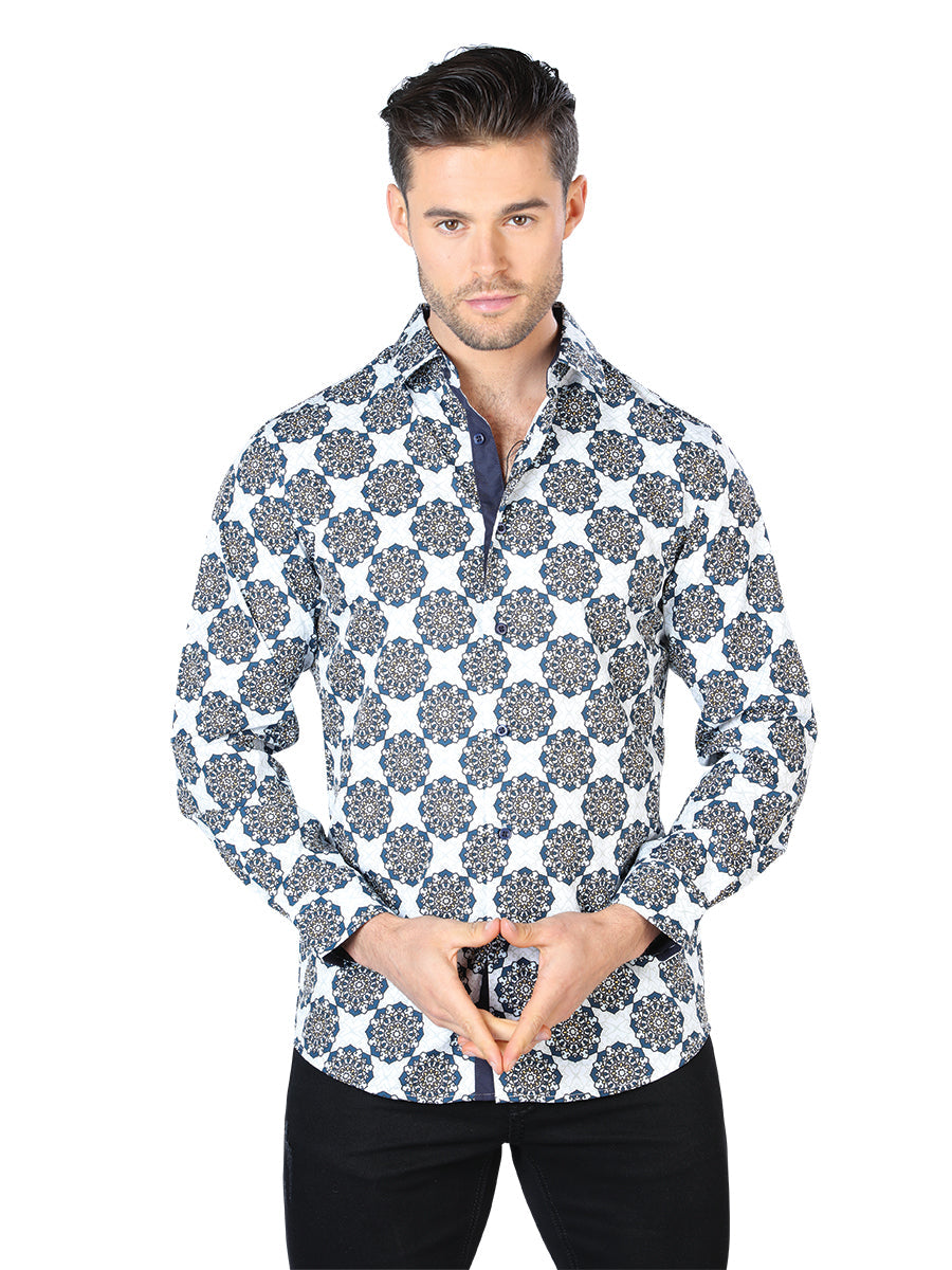 Camisa Casual Manga Larga Estampada Blanco/Negro para Hombre 'El Señor de los Cielos' - ID: 44048 Camisas Estampadas El Señor de los Cielos White/Black