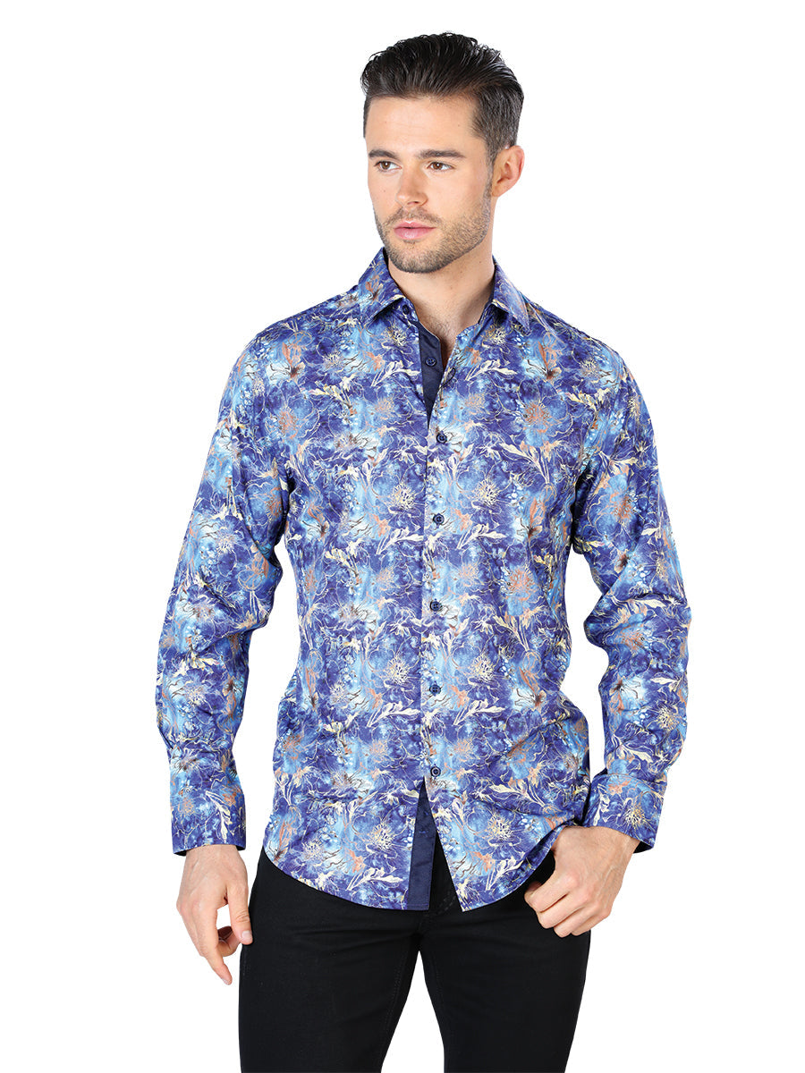 Camisa Casual Manga Larga Estampada Azul para Hombre 'El Señor de los Cielos' - ID: 44050 Camisas Estampadas El Señor de los Cielos Blue