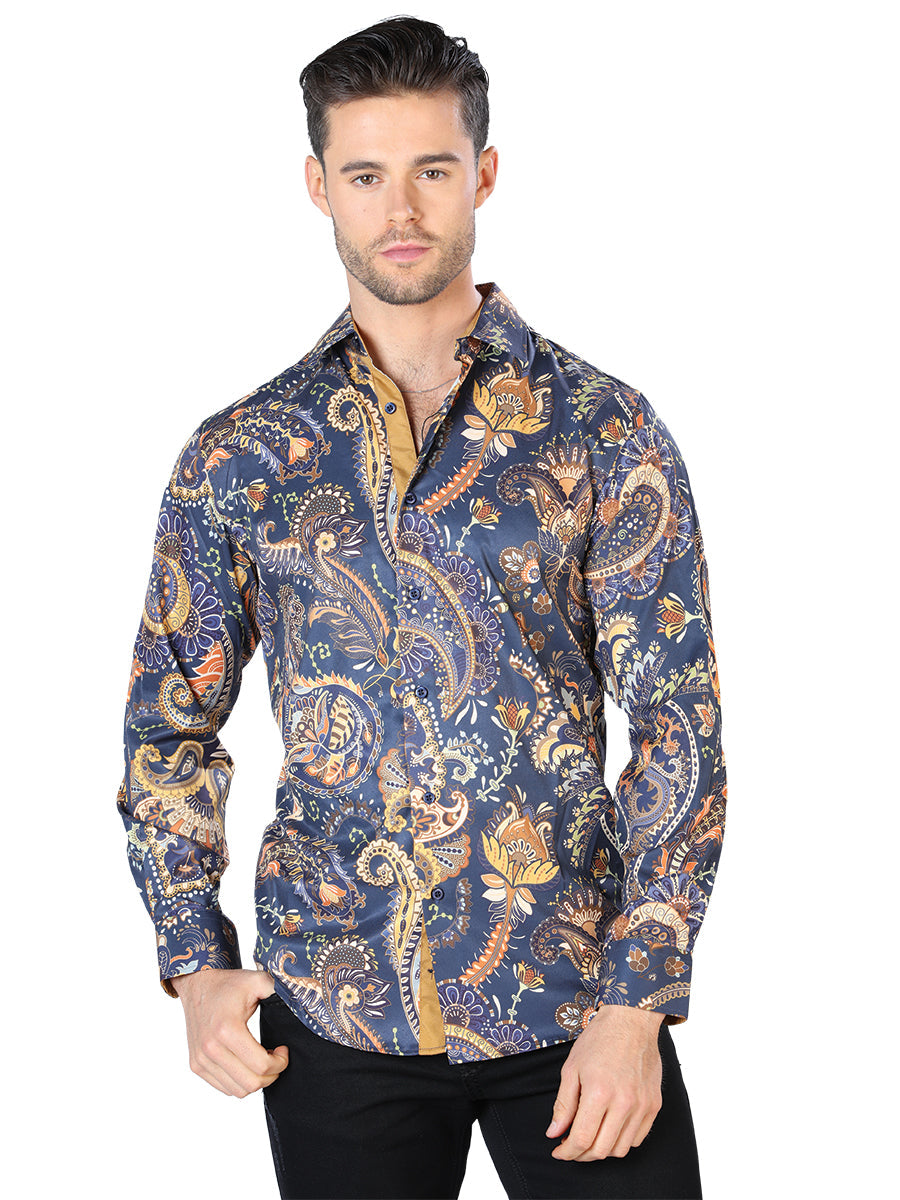 Camisa Casual Manga Larga Estampada Negro/Oro para Hombre 'El Señor de los Cielos' - ID: 44051 Camisas Estampadas El Señor de los Cielos Black/Gold