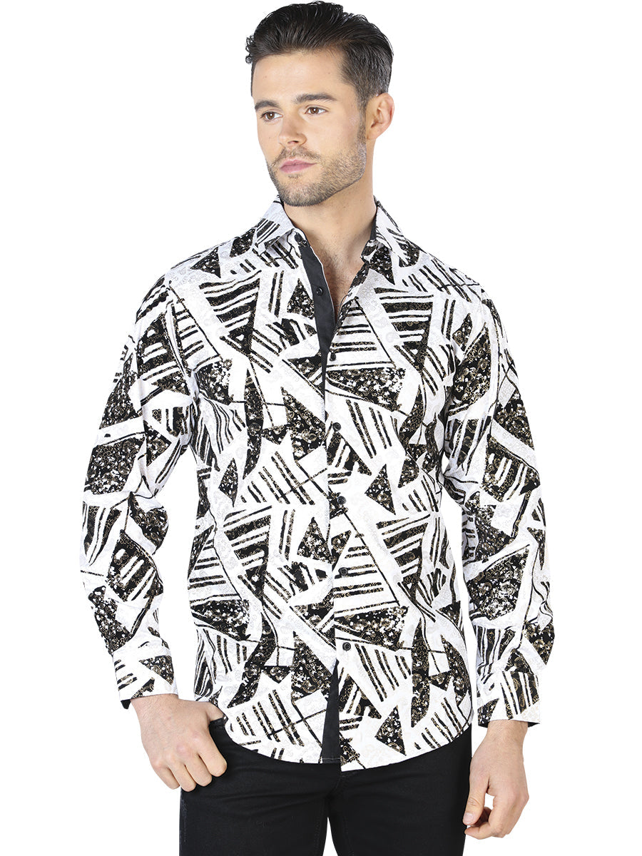 Camisa Casual Manga Larga Estampada Blanco/Negro para Hombre 'El Señor de los Cielos' - ID: 44053 Camisas Estampadas El Señor de los Cielos White/Black