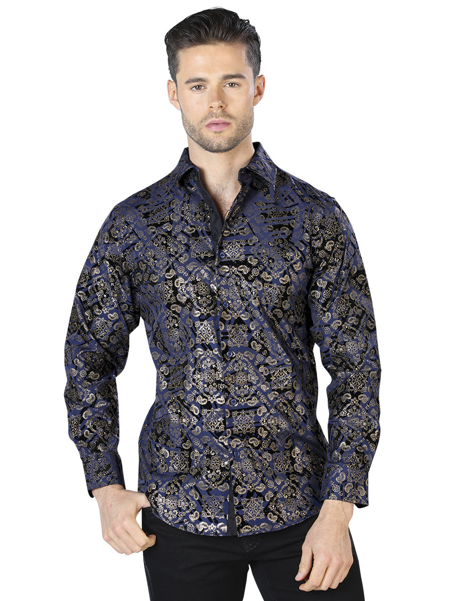 Camisa Casual Manga Larga Estampada Marino/Oro para Hombre 'El Señor de los Cielos' - ID: 44054 Camisas Estampadas El Señor de los Cielos Navy/Gold