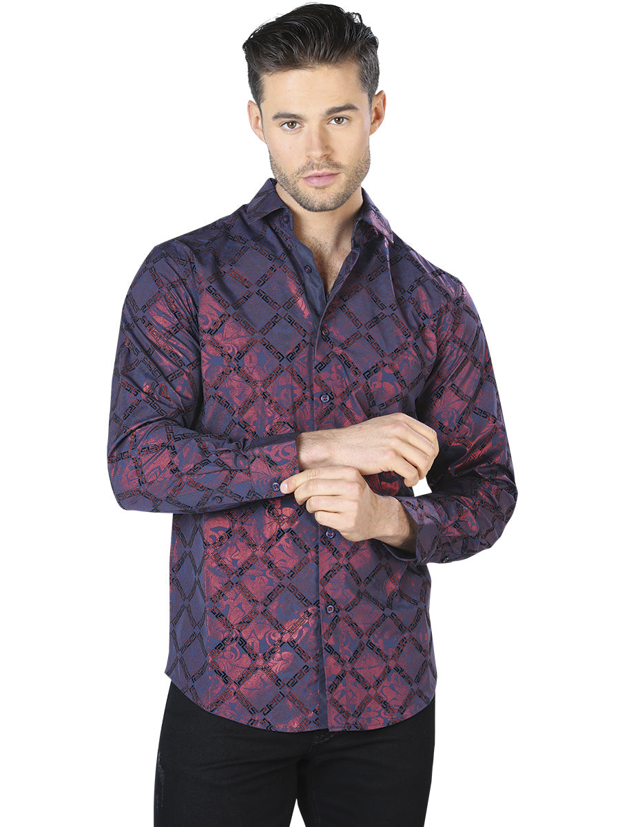 Camisa Casual Manga Larga Estampada Azul/Vino para Hombre 'El Señor de los Cielos' - ID: 44056 Camisas Estampadas El Señor de los Cielos Blue/Wine