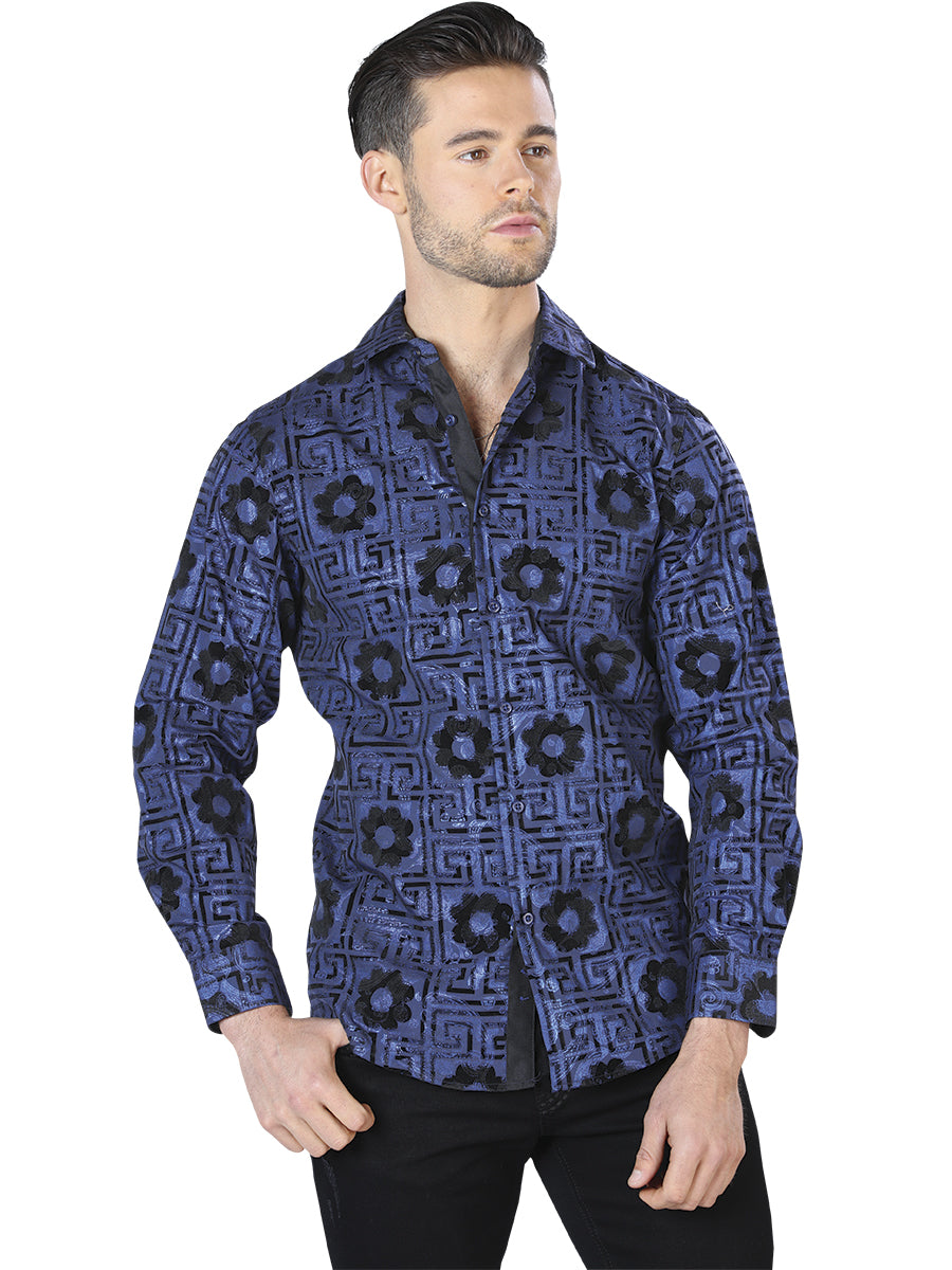 Camisa Casual Manga Larga Estampada Azul/Negro para Hombre 'El Señor de los Cielos' - ID: 44057 Camisas Estampadas El Señor de los Cielos Blue/Black