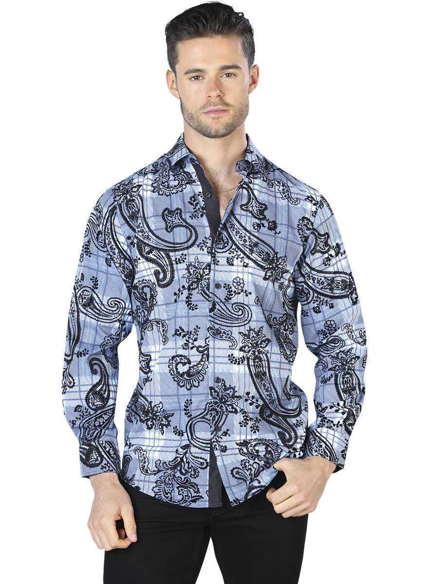 Camisa Casual Manga Larga Estampada Azul/Negro para Hombre 'El Señor de los Cielos' - ID: 44058 Camisas Estampadas El Señor de los Cielos Blue/Black