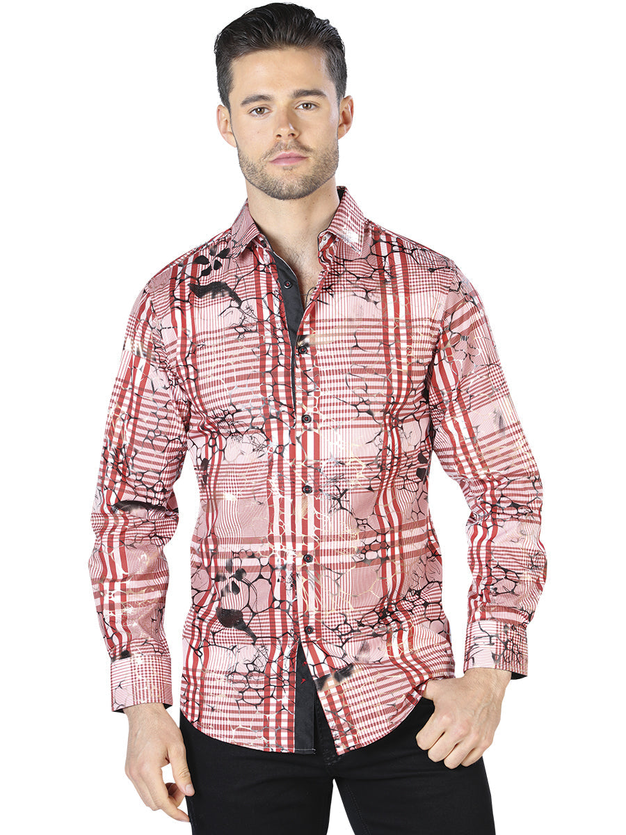 Camisa Casual Manga Larga Estampada Vino/Negro para Hombre 'El Señor de los Cielos' - ID: 44059 Camisas Estampadas El Señor de los Cielos Wine/Black