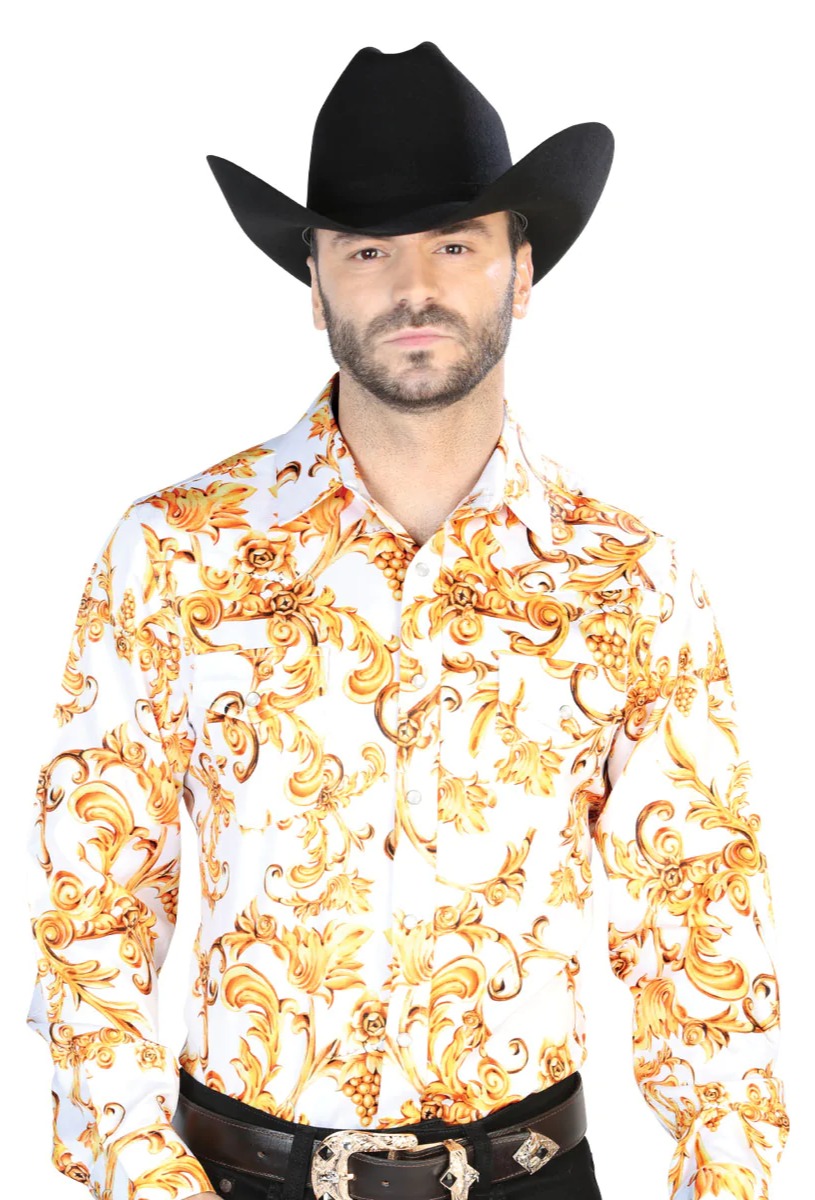 Camisa Vaquera Manga Larga Estampada Cachemir Blanco Hueso para Hombre 'El Señor de los Cielos' - ID: 44060 Camisas Estampadas El Señor de los Cielos 