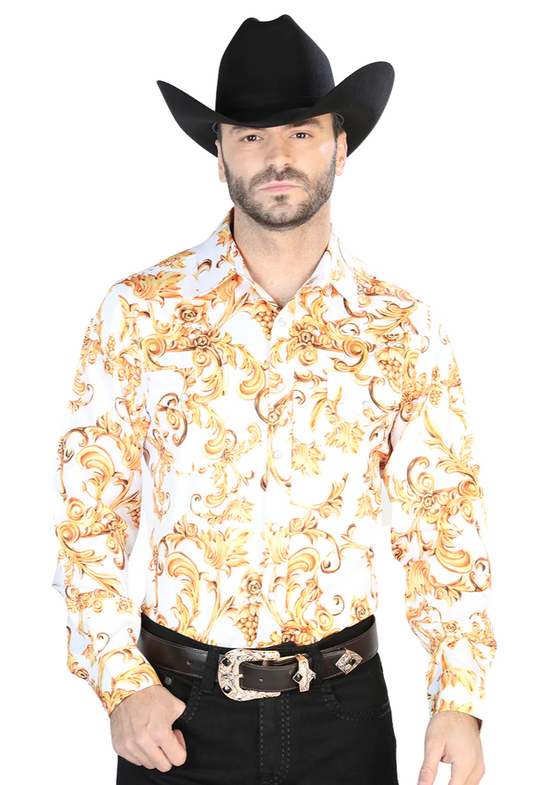 Camisa Vaquera Manga Larga Estampada Cachemir Blanco Hueso para Hombre 'El Señor de los Cielos' - ID: 44060 Western Shirt El Señor de los Cielos 