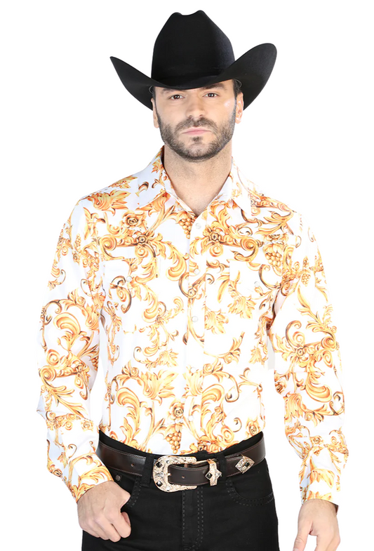 Camisa Vaquera Manga Larga Estampada Cachemir Blanco Hueso para Hombre 'El Señor de los Cielos' - ID: 44060 Camisas Estampadas El Señor de los Cielos 