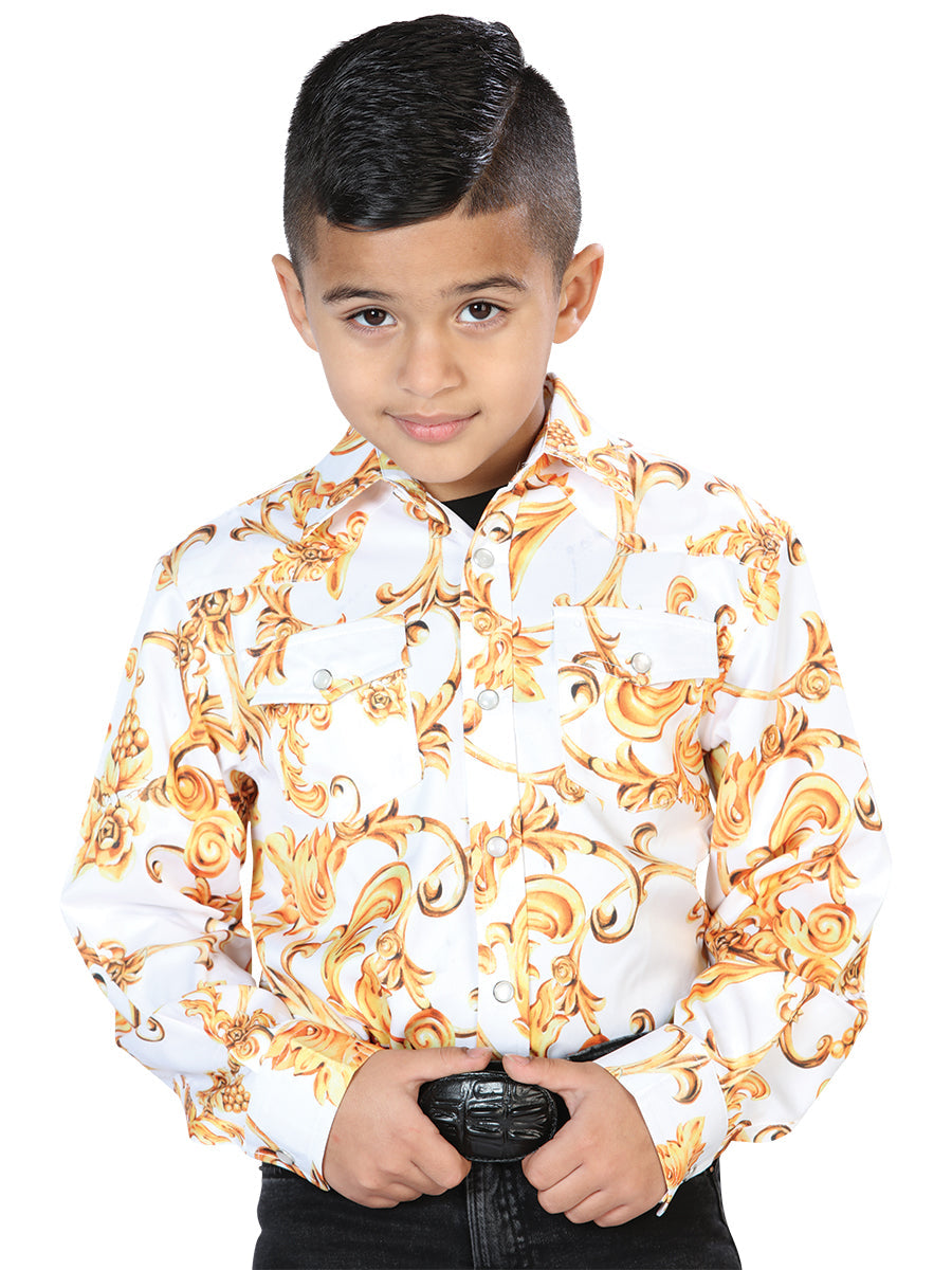 Camisa Vaquera Manga Larga Estampada Blanco Hueso/Oro para Niños 'El Señor de los Cielos' - ID: 44061 Camisas Estampadas El Señor de los Cielos Off White/Gold