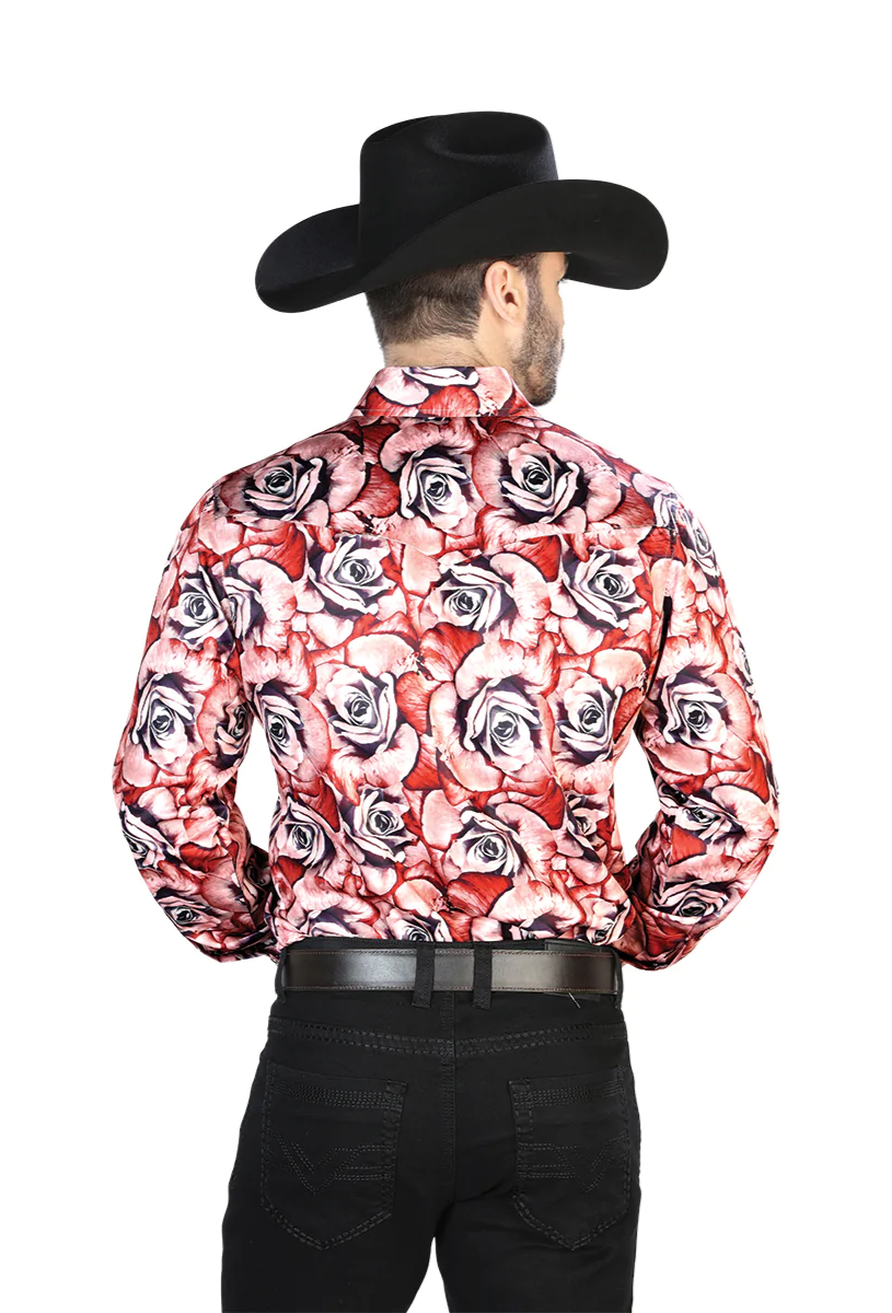 Camisa Vaquera Manga Larga Estampada Floral Rojo/Rosas para Hombre 'El Señor de los Cielos' - ID: 44068 Camisas Florales El Señor de los Cielos 