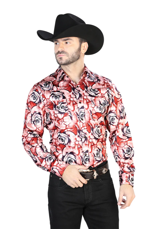 Camisa Vaquera Manga Larga Estampada Floral Rojo/Rosas para Hombre 'El Señor de los Cielos' - ID: 44068 Western Shirt El Señor de los Cielos 