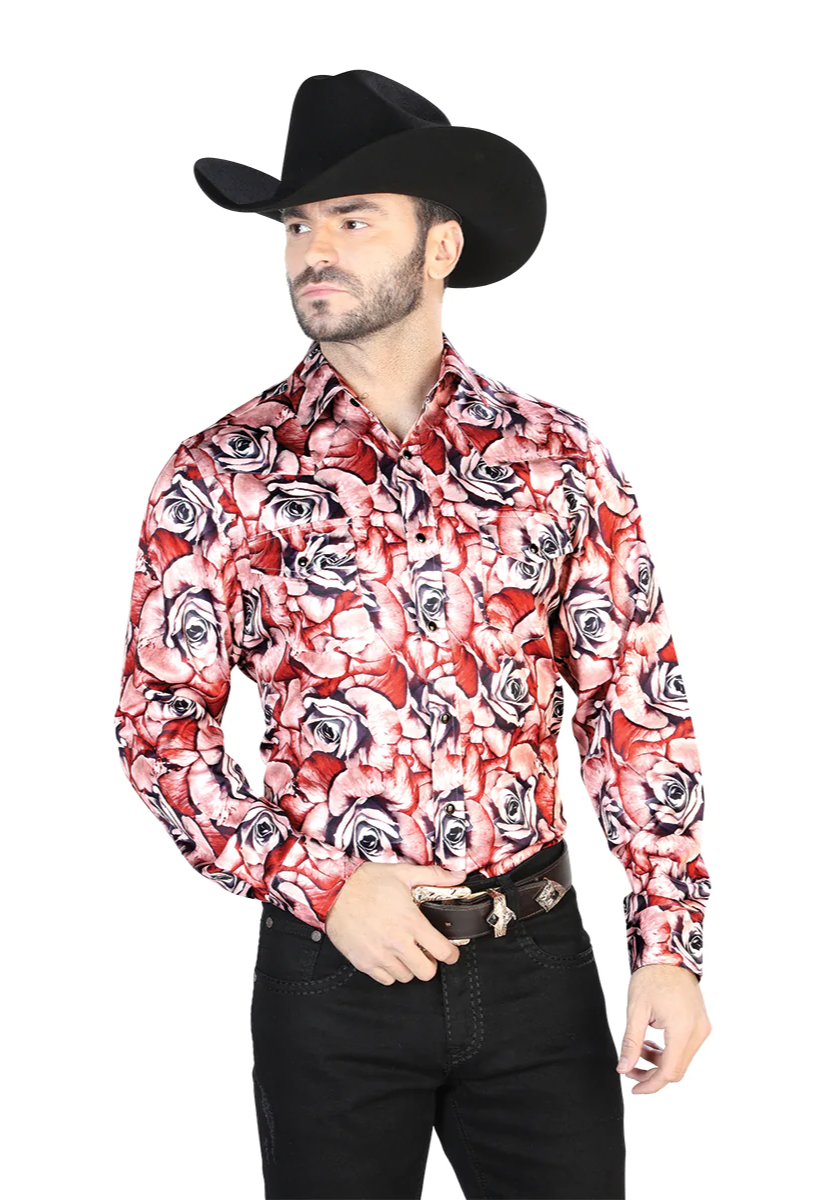 Camisa Vaquera Manga Larga Estampada Floral Rojo/Rosas para Hombre 'El Señor de los Cielos' - ID: 44068 Camisas Florales El Señor de los Cielos 