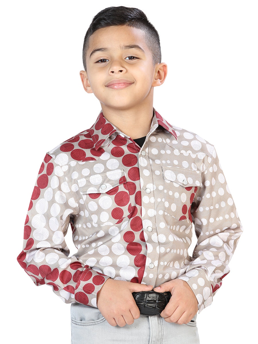 Camisa Vaquera Manga Larga Estampada Gris Pardo para Niños 'El Señor de los Cielos' - ID: 44075 Camisas Estampadas El Señor de los Cielos Taupe